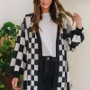 Checkered Open Front Drop Shoulder Cardigan - Black