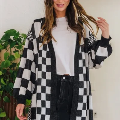Checkered Open Front Drop Shoulder Cardigan - Black