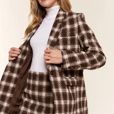 Full Size Plaid Brushed One Button Blazer - Brown