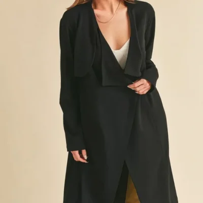 Open Front Long Sleeve Longline Coat - Black