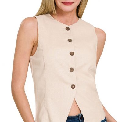 Linen Button Down Vest - Sand Beige