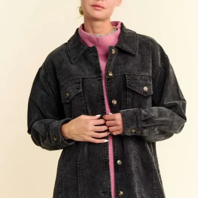 Washed Corduroy Raw Hem Button Up Jacket - Black