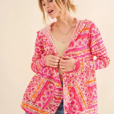 Full Size Printed Thermal Hooded Open Front Cardigan - Coral Multi