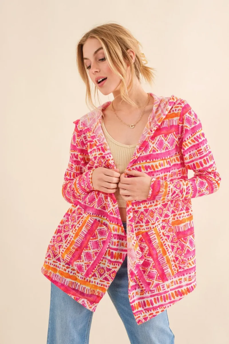 Full Size Printed Thermal Hooded Open Front Cardigan - Coral Multi