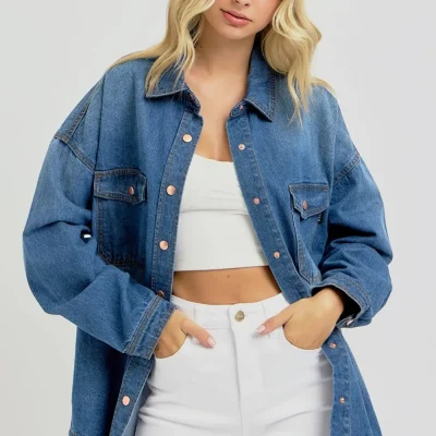 Full Size Snap Down Long Sleeve Denim Shacket - Dark