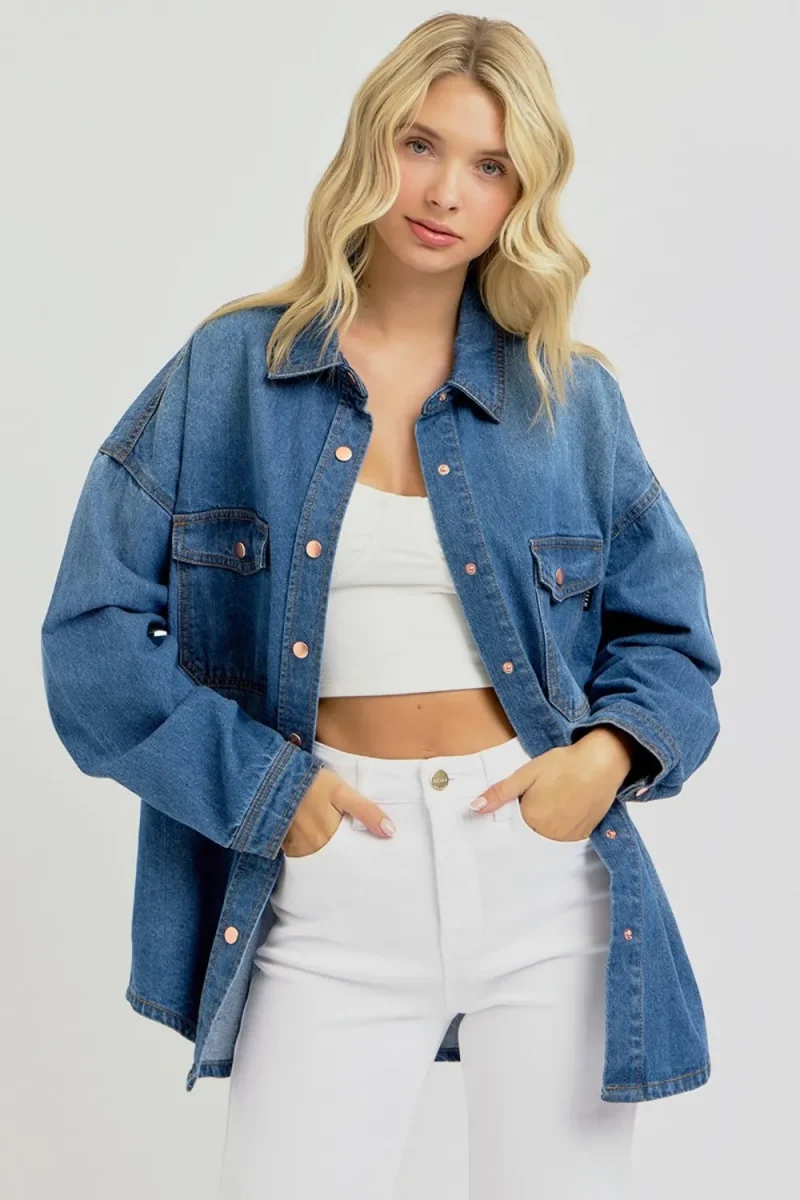 Full Size Snap Down Long Sleeve Denim Shacket - Dark
