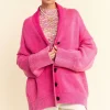 Shawl Collar Ribbed Detail Button Up Cardigan - Hot Pink