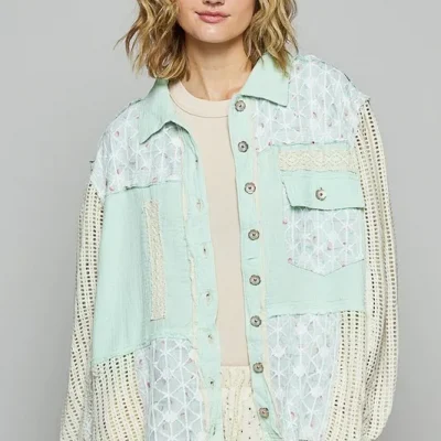 Lace Trim Crochet Button Up Denim Jacket - Pale Mint
