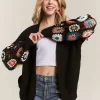 Full Size Contrast Crochet Open Front Long Sleeve Cardigan Plus Size - Black