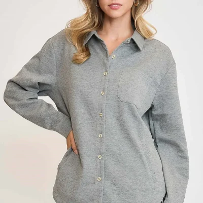 Umgee Full Size Button Down Collared Neck Shacket Plus Size - Gray
