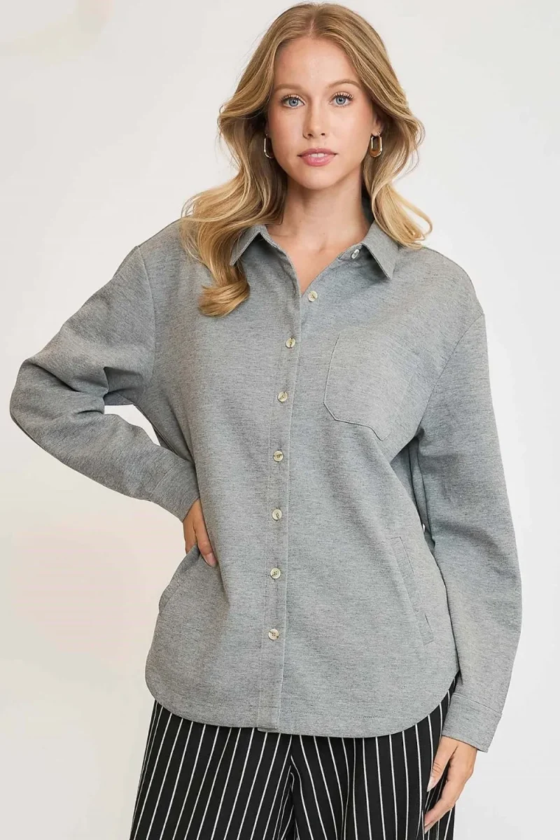 Umgee Full Size Button Down Collared Neck Shacket Plus Size - Gray