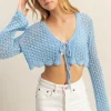 Tied Front Crochet Cropped Cardigan - Pastel Blue