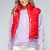 Zip Up Turtleneck Shiny Quilted Vest - Red