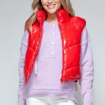 Zip Up Turtleneck Shiny Quilted Vest - Red
