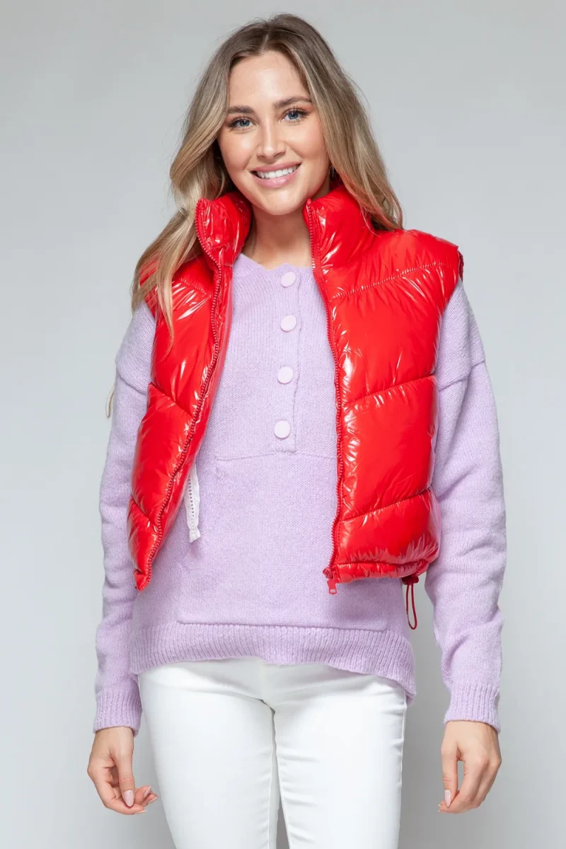Zip Up Turtleneck Shiny Quilted Vest - Red