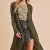 Open Front Long Sleeve Longline Coat - Army Green