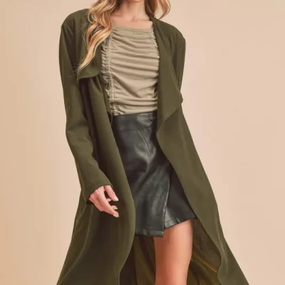 Open Front Long Sleeve Longline Coat - Army Green