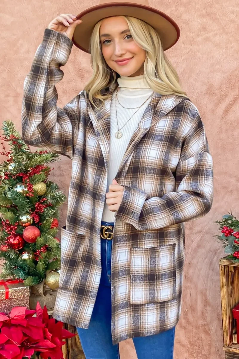 Plaid Open Front Hooded Shacket - Brown Multi