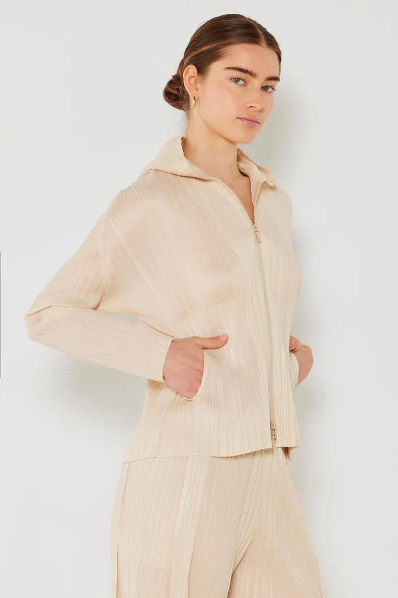 Pleated Hood Jacket with 2 Way Zipper - Beige