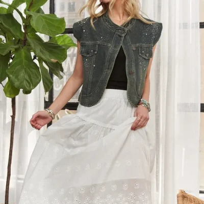 Sleeveless Button Down Denim Jacket - Denim