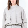 Full Size Drawstring Hem Cargo Pocket Cropped Worker Jacket Plus Size - Light Gray