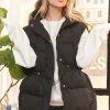 Waist Drawstring Detail Puffy Hoodie Vest - Black