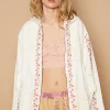 Embroidered Lace Patch Zip Up Hooded Jacket - Ivory