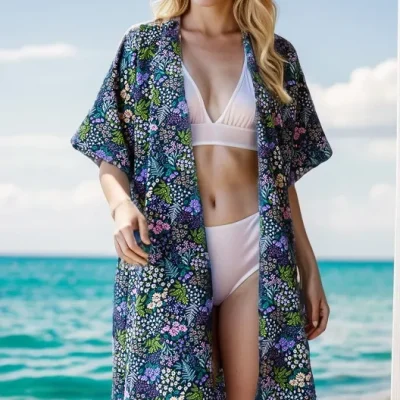 Full Size Half Sleeve Floral Open Cardigan Plus Size - Navy