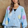 Flower Button Down Lantern Sleeve Cardigan - Lt Blue
