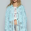Crochet Button Up Cardigan with Chest Patch Pockets - Pastel Blue