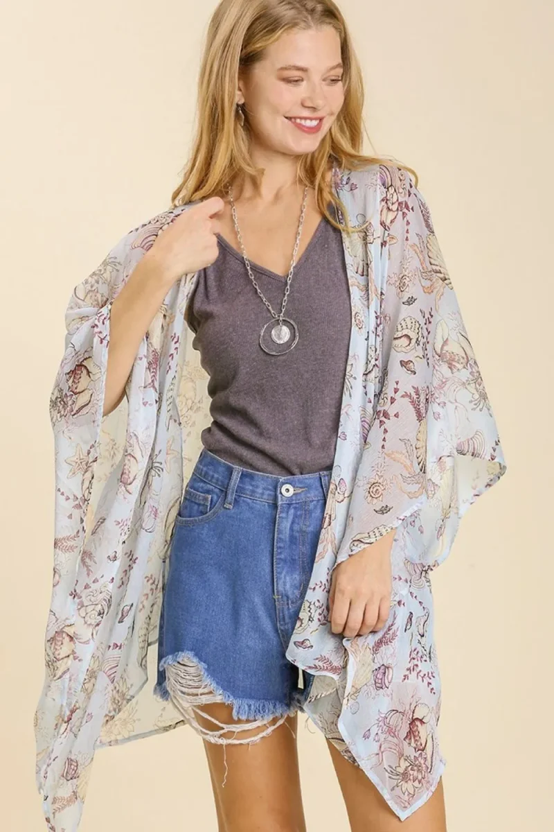 Umgee Full Size Sheer Mixed Print Kimono with Side Slit Plus Size - Light Blue