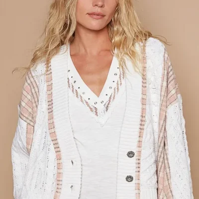 Cable-Knit Plaid V-Neck Button Up Cardigan - White