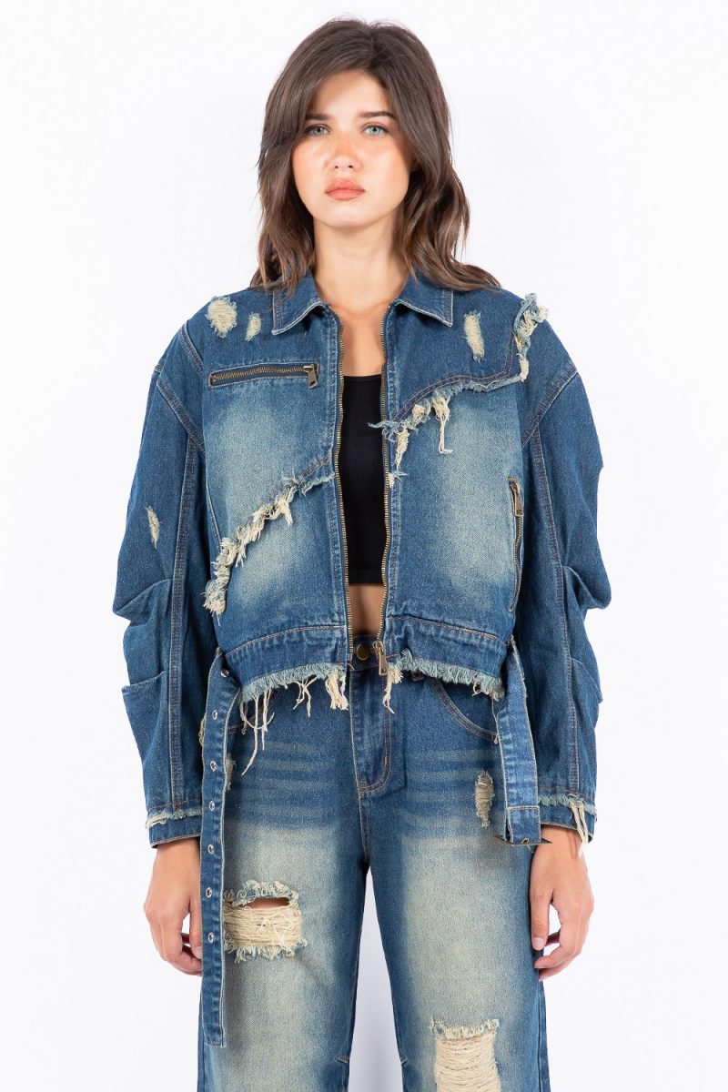Full Size Distressed Frayed Edge Zip Up Denim Jacket Plus Size - Medium