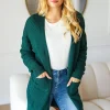 Stripe Textured Open Front Cardigan with Pockets - Hunter Green