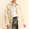 Faux Leather Button Up Jacket with Chest Pockets - Beige