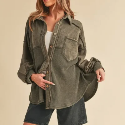 Acid Washed Exposed Seam Button Up Jacket - Army Green