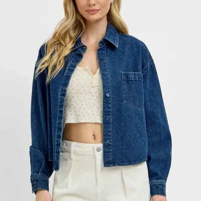 Button Up Long Sleeve Denim Shacket - Dark