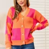 Woven Right Checkered V-Neck Dropped Shoulder Cardigan - Hot Pink