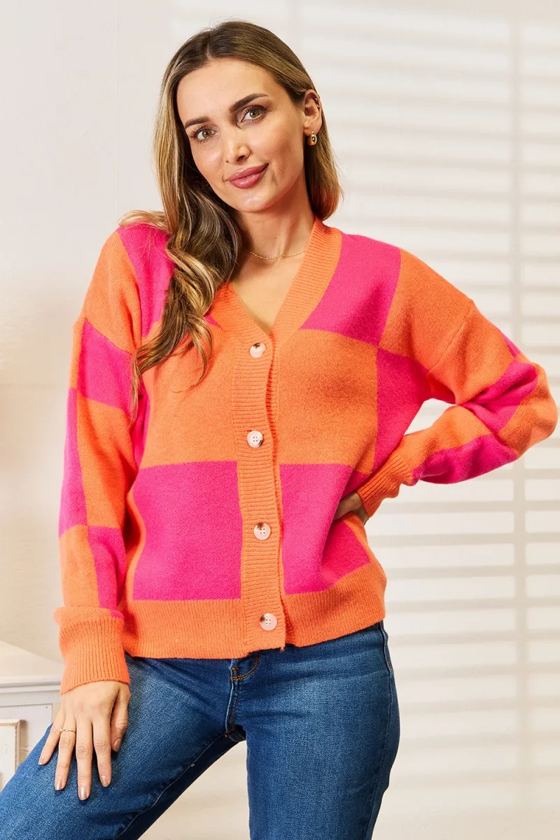 Woven Right Checkered V-Neck Dropped Shoulder Cardigan - Hot Pink