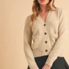 Ribbed Hem Button Down V-Neck Cardigan - Pearl