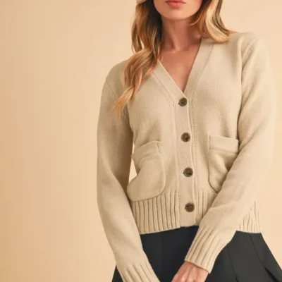 Ribbed Hem Button Down V-Neck Cardigan - Pearl