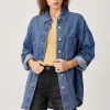 Button Up Drop Shoulder Denim Shacket - Medium