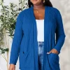 Full Size Ribbed Open Front Cardigan with Pockets - Dark Blue