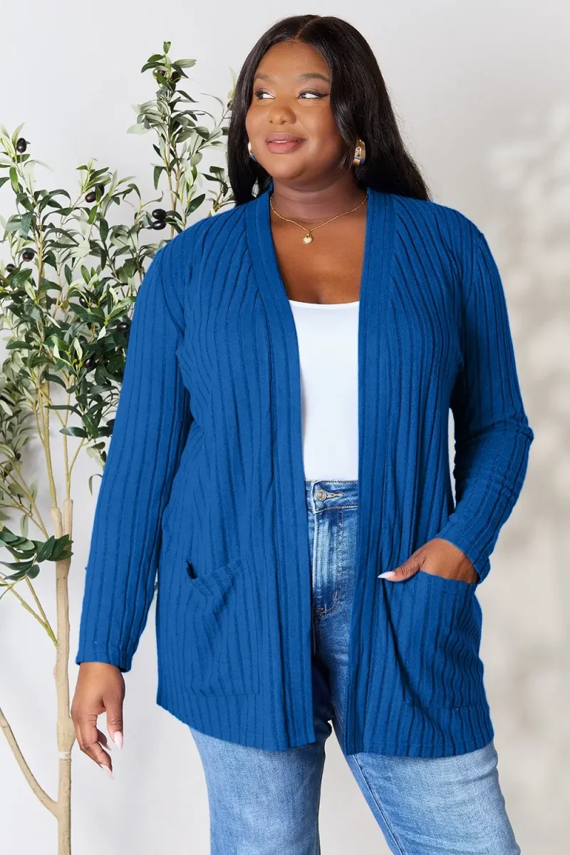 Full Size Ribbed Open Front Cardigan with Pockets - Dark Blue