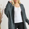 Popcorn Knit Open Front Long Sleeve Cardigan - Dark Olive