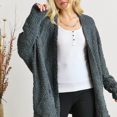 Popcorn Knit Open Front Long Sleeve Cardigan - Dark Olive