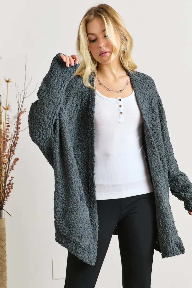 Popcorn Knit Open Front Long Sleeve Cardigan - Dark Olive