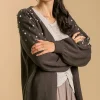 Umgee Full Size Open Front Cardigan with Long Sleeve Pearl Details Plus Size - Charcoal
