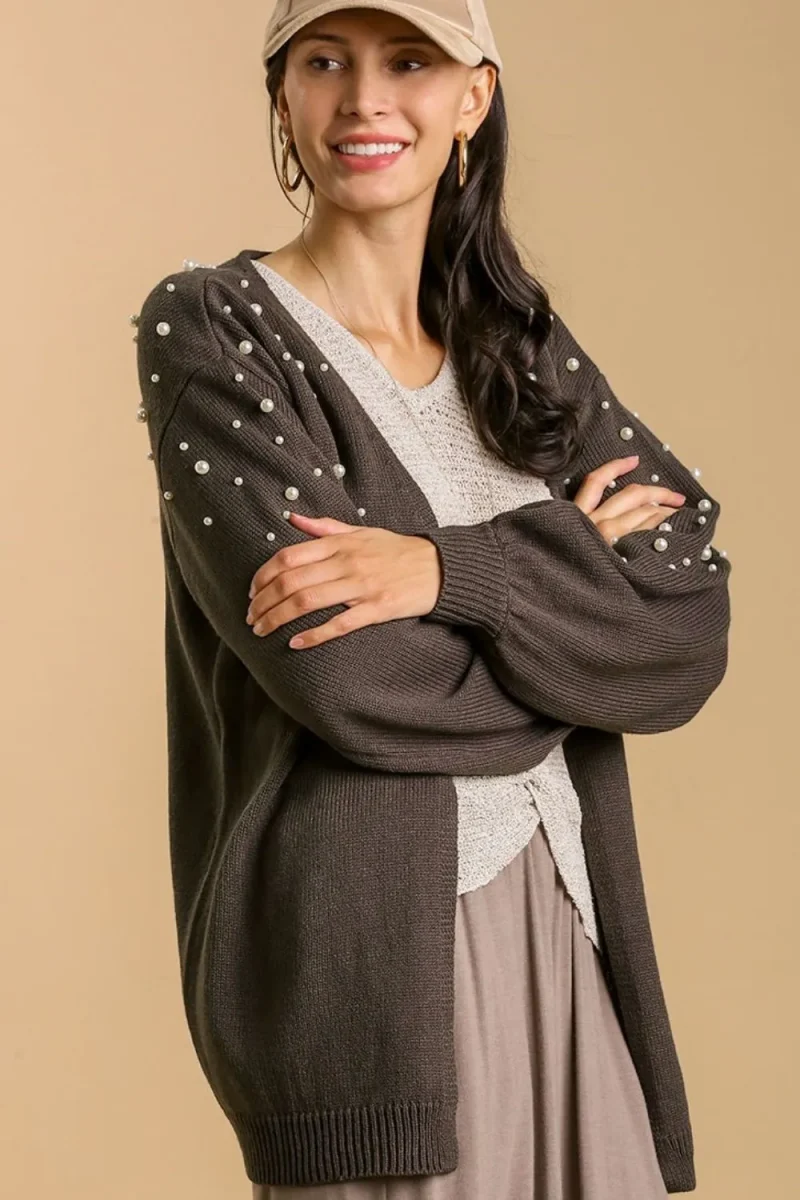 Umgee Full Size Open Front Cardigan with Long Sleeve Pearl Details Plus Size - Charcoal