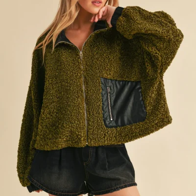Collared Neck Zip Up Sherpa Jacket - Olive